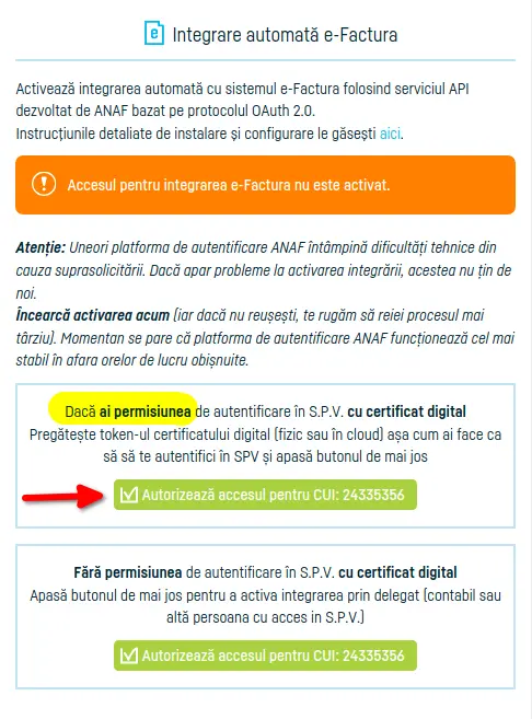 Cum activezi integrarea automată cu e-factura - pasul 2